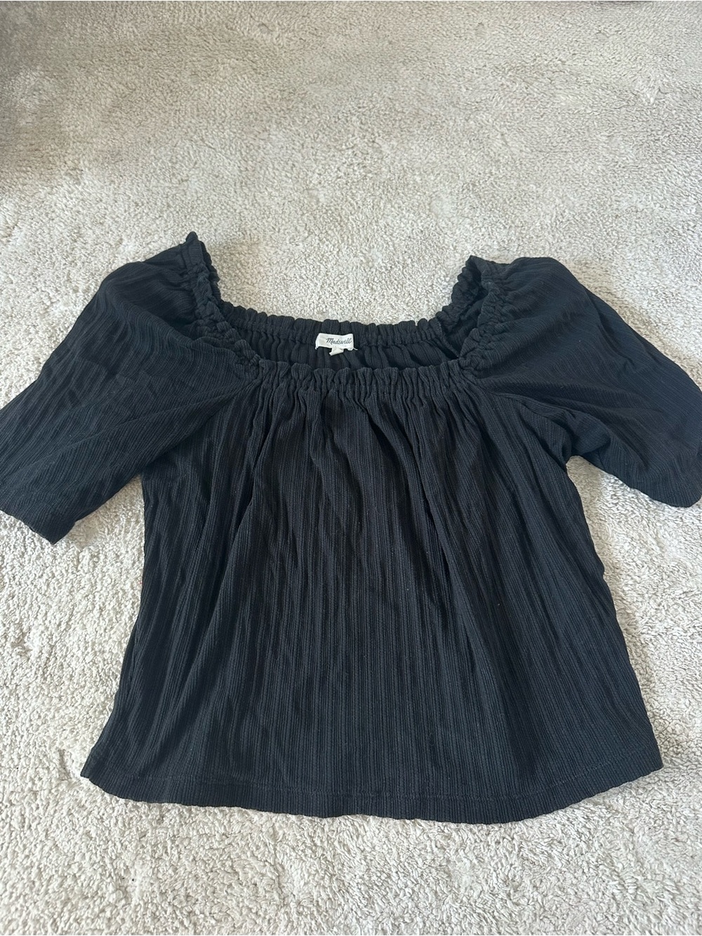 Madewell Black Smocked Square-Neck Blouse